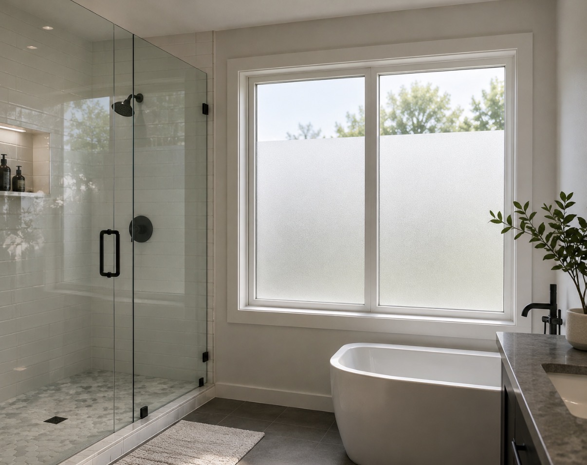 Frosted privacy window film in a bathroom