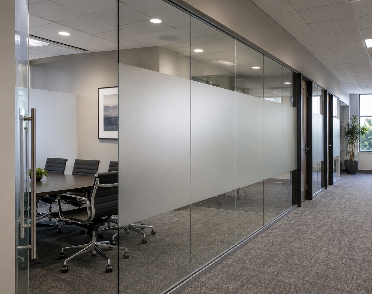 Corporate office conference room with frosted privacy window film