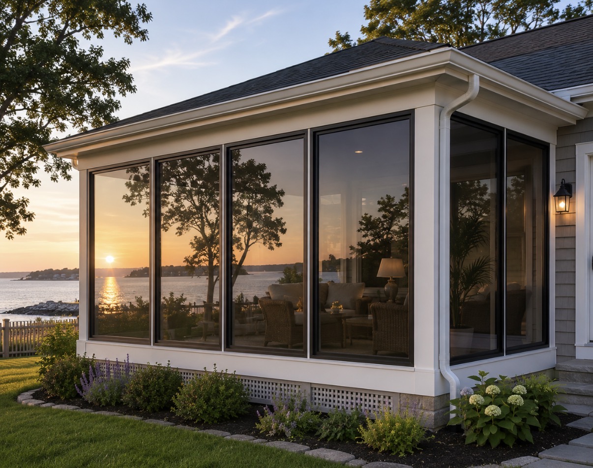 Waterfront sunroom with solar control window film at sunset