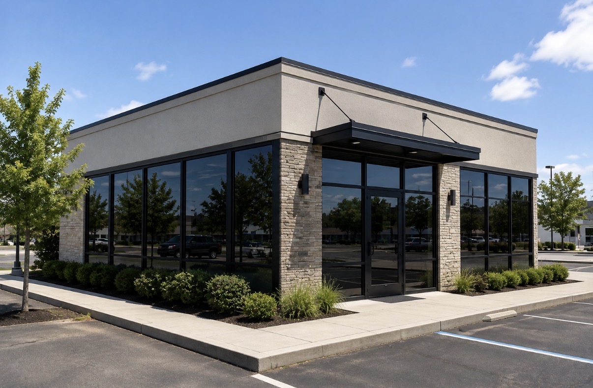 Commercial building with architectural window film at sunset