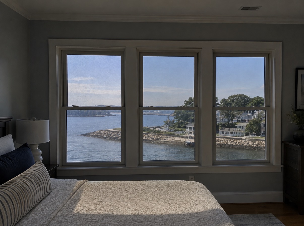 Solar control window film in a bedroom with a water view